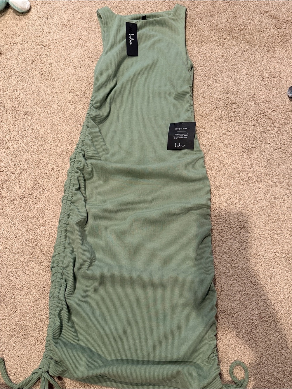 Lulu's Olive Green Ruched Side fitted midi dress sz small nwt